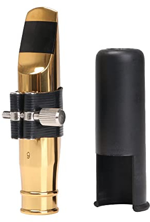Yibuy Vergoldetes Jazz B-Flat Tenorsaxophon Mundstück 9# mit PU-Lederkappe