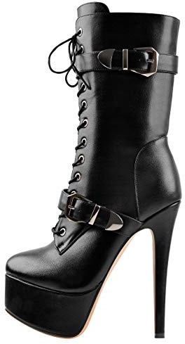 Only maker Damen Plateau Stiefeletten Halbschaft Biker Stiefel Stiletto Punk Gohtic mit Verziertem Riemen Schnalle Schwarz 44 EU