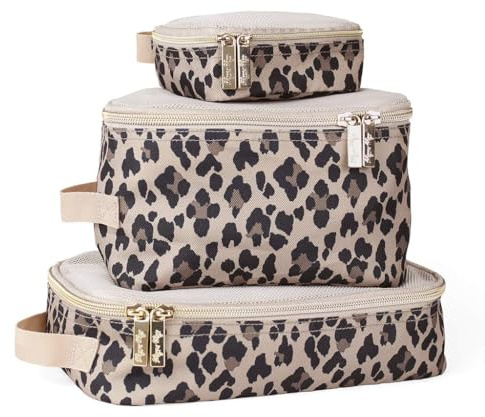 Itzy Ritzy - Set di 3 cubi di imballaggio o organizzatori da viaggio; ogni cubo presenta una parte superiore in rete, doppie cerniere e un manico in tessuto, leopardo