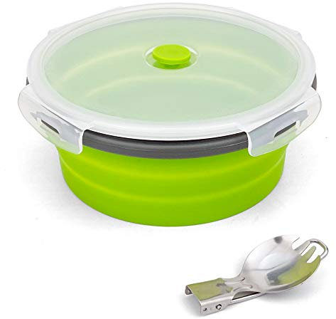 Ewrap 1200ML Round Collapsible Camping Bowl, Portable Silicone Food Storage Containers, Silicone Bowl with Lid and Foldable 2 in 1 Fork Spoon, for Camping, Freezer and Microwave Safe, Green