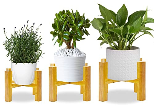 AKOFIC Bamboo Wooden Plant Stand, Set of 3 Flower Pot Small Plant Holder Display Stand, Mid Century Modern Mini Flower Potted Holder Rack for Home Indoor Garden Decor (Excluding Plant and Pot)