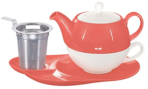 tea4chill Buchensee Tea for One mit Sieb Lena 500ml aus Crystal Bone China Porzellan in coralrot. Teekanne + Teetasse + Untertasse mit Ablageflächen + Sieb