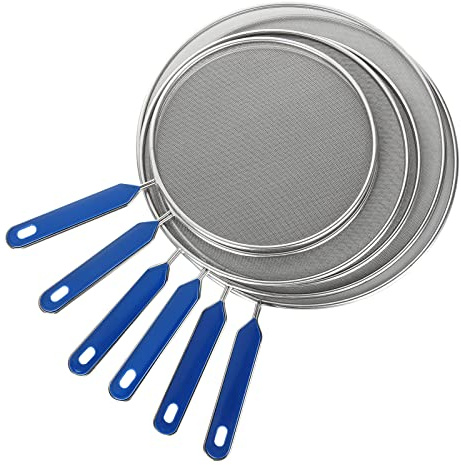 JMIATRY 6 Pcs Frying Pan Splatter Guard, Splatter Screen for Frying Pan, 8.2 9.8 11.4 Stainless Steel Grease Splatter Guard with Blue Heat Resistant Handle for Cooking and Frying