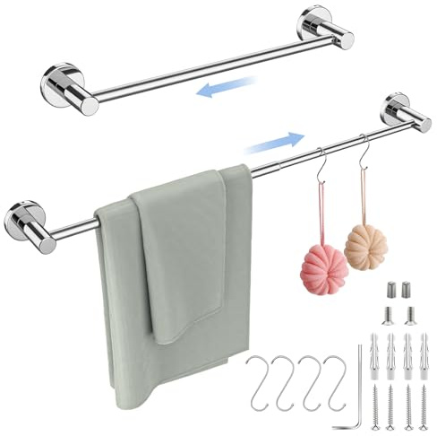 Adjustable Single Bath Towel Bar 16 to 27.6 Inch,ZUEXT Chrome Finished Stainless Steel Towel Holder Hanger,Retractable Wall Mounted Towel Rail for Bathroom Kitchen,1 Tube Towel Rail Rack w/S Hooks