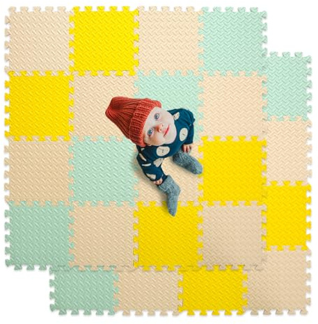 Tamiplay Foam Floor Mats for Kids, 12 x 12 Inch 16 Tiles 0.4 Thickness Foam Play Mat, Non-Toxic Square Interlocking Floor Mats Rubber Baby Play Mat for Toddlers(Beige/Yellow/Bean Green)