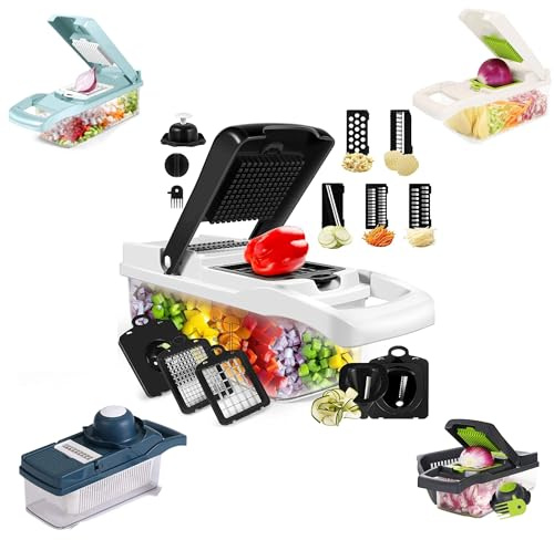 REXTEK 12 in 1 Vegetable Cutter and Chopper - Mandolines, Onion and Food Cuber Cutter, Veggie Slicer (Black and White, Standard)