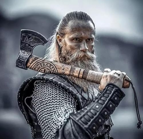 QEPAA CRAFTS 19” Hand Forged Viking Axe- Rose Wood Shaft Engraved Carbon Steel Bearded Axe for Camping- Viking Gift for Men(Norse Viking Axe)