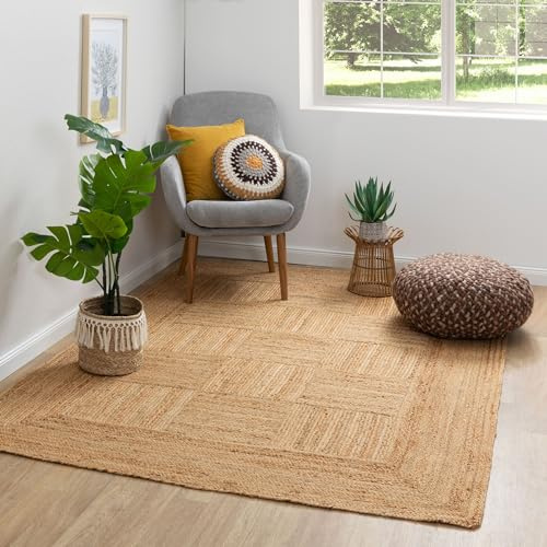 Steffensmeier Jute Teppich Goa | Rechteckig | Wohnzimmer, Flur, Eingangsbereich, Naturfaser, hangeflochten, Bordüre, Größe: 70x130 cm