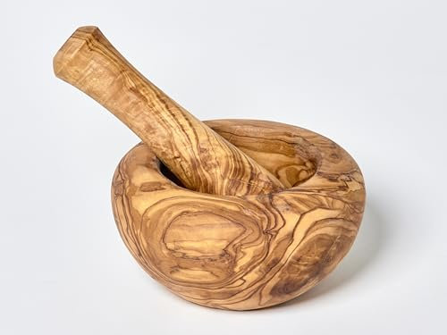 Mortero y Maja de Madera de Olivo Maciza Artesanía Tratamiento Aceite Hecho a Mano 14 cm