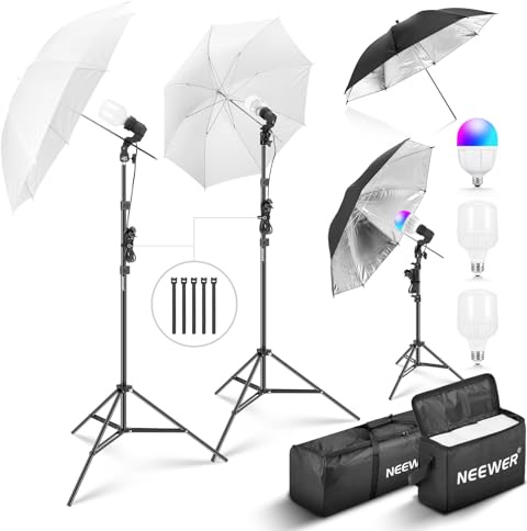 NEEWER 400W Photography Lighting Kit, Incandescent Equivalent Studio Kit, (2) Black Umbrellas, (2) White Umbrellas, (2) 24W LED Light Bulbs, (1) 27w RGB LED Light Bulb, for Photography Lighting, NK501