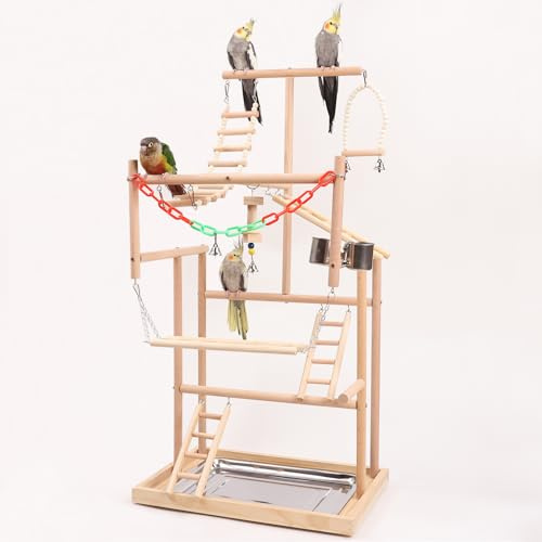 AMZTEMU Bird Play Stand, Wooden Bird Playground, Bird Stands for Parrots, Parakeet Playground, Parrot playstand for Parakeets Cockatiel Lovebirds Conures Budgie Cockatoos(18.9 * 13 * 37.2 in)