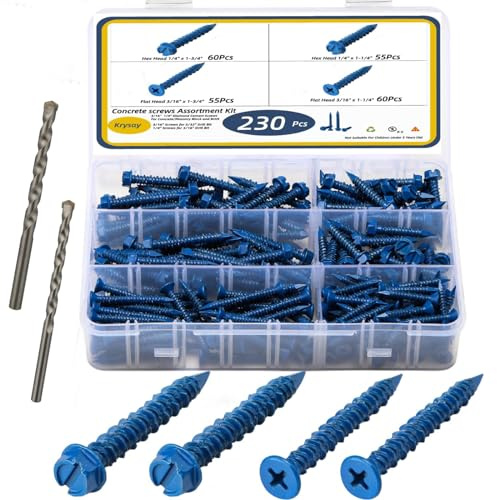 Krysay 232Pcs Concrete Screws with Drill bits,1/4 3/16 Masonry Screws for Concrete Assortment Kit,4 Sizes Flat & Hex Head Block Cement Stacoo Screws and Anchors,Diamond Point,Blue Coated