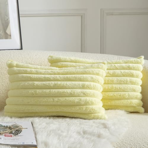 Mandioo 2er Set Kissenbezug gestreiftes Künstlich Pelz Superweich Kissen Flauschig Modern Kissenhülle Deko Sofa Wohnzimmer Schlafzimmer Kissenbezüge 30 x 50 cm Gelb