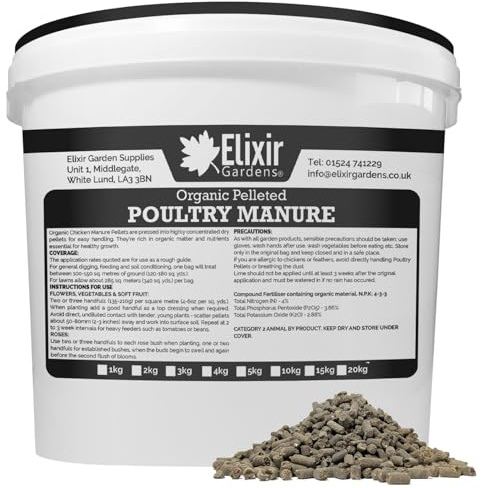 Elixir Gardens Organic Chicken/Poultry Manure Pellets | 10kg Supplied in Re-Sealable Tub | Treats up to 250sqm