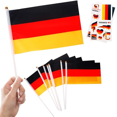 10pcs Small Germany Flags on Sticks & 2pcs Tattoos, Mini German Flags for Oly Games 2024, Football Sports Events, National Day Party Decorations