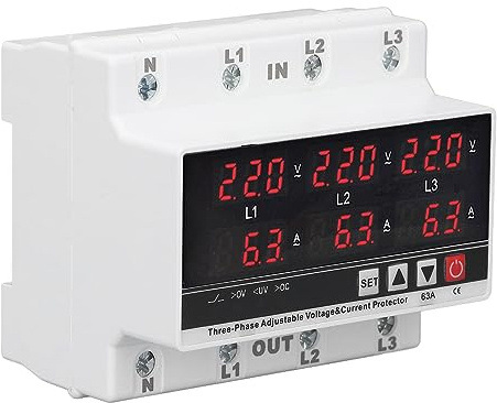 Protettore di Sottotensione 3 Fase 3 Filo 4 Voltmetro Amperometro DIN Rail Protettore di Sovracorrente Regolabile AC120V − 300V 63A