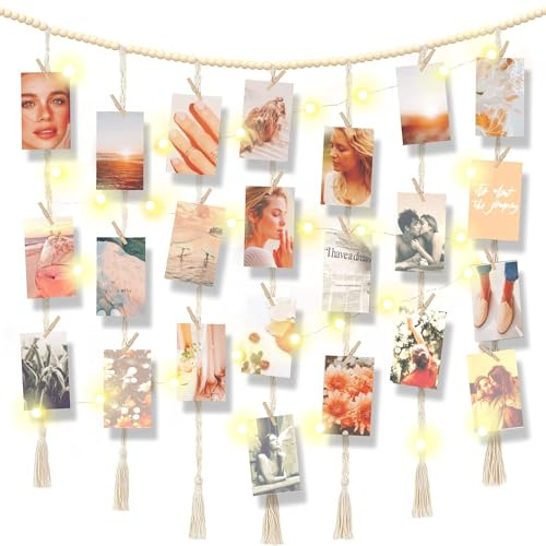 Decoración de pared de macramé para colgar fotos, decoración de pared con cadena de luces, guirnalda de cuentas de madera bohemia, collage, portarretratos con 30 clips para dormitorio, sala de estar,