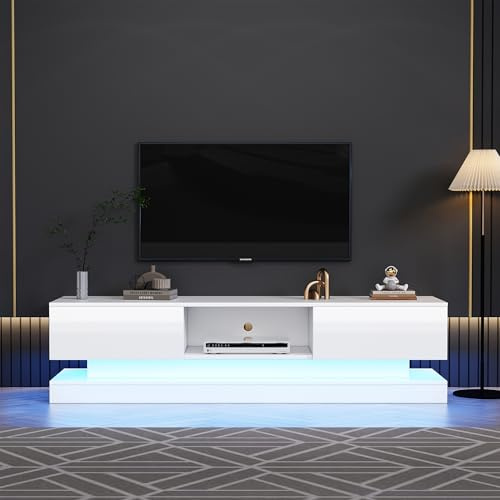 BTM Meuble TV en bois avec éclairage LED variable, blanc, avec 2 tiroirs et 1 compartiment, convient pour le salon, convient pour les téléviseurs jusqu'à 60, 160 x 35 x 40,5 cm