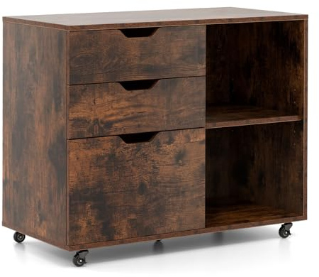 COSTWAY 3-Drawer Mobile File Cabinet, Lateral Stationery Storage Cabinet with 2 Open Storage Shelves and Wheels, Home Office Rolling Printer Stand Side Filing Cupboard (with Cutout Handles, Brown)