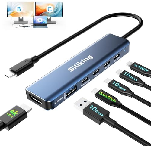 Siliking USB-C Docking Station Dual Monitor 4K@60Hz HDMI+USB-C Video Output Port,10G USB A/C,100W PD, USB C Splitter Adapter, USBC to HDMI Dual Monitor for Windows/MacOS,MacBook air