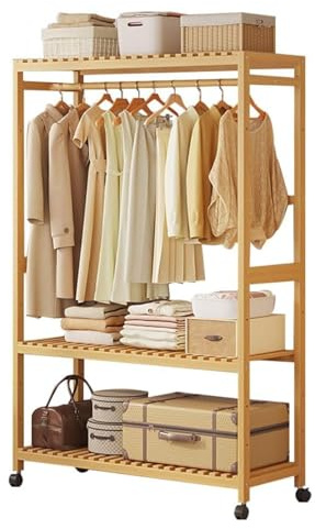 Romyqpipy Offener KleiderstäNder aus Bambus, Freistehender GarderobenstäNder mit 2-Stufiger Storage Shelf, für MäNtel, RöCke, Freistehender KleiderbüGel für Schlafzimmer, Flur, Eingangsbereich