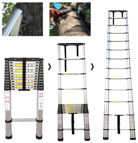 Hooha Alu Teleskopleiter mit Anti-Rutsch-Leiter Stabilisator Absturzsicherung Ausziehbare Anlegeleiter für den Einsatz an Mauern, Bäumen und Pfählen Reichweite maximalen 3,9m/5,1m/6,3m(5,1m)