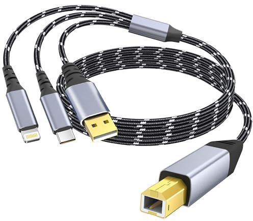 DCNETWORK Printer Cable 6.6FT,USB C&USB-A to USB-B Cable，High Speed Nylon Braided Scanner Printer Cord for HP Canon Dell Epson Brother Lexmark Xerox Samsung Piano DAC & More