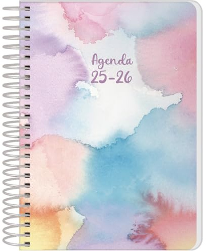 Q Kalon - Schulagenda 2025 2026 - Tagesansicht, Größe A6 (12x17 cm), Spanisch und Englisch, September bis Juni, Spiralbindung, Flexible Umschlag mit Schutzfolie - Stain