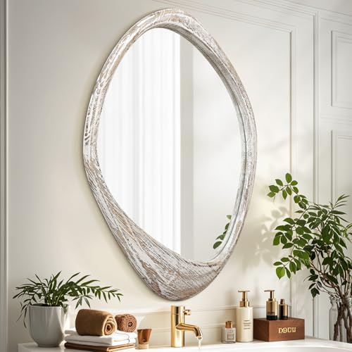 AAZZKANG Specchio da parete irregolare, in legno, grande, 60 x 40 cm, asimmetrico, decorativo, rustico, da appendere, per camera da letto, spogliatoio, soggiorno, bagno, ingresso, bianco