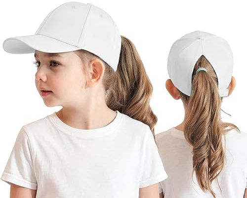 Gendeda 3-8 år barn baseballkeps med hästsvans för flickor pojkar golf solhatt anti-UV sommarsport tenniskeps, Vitt, one size