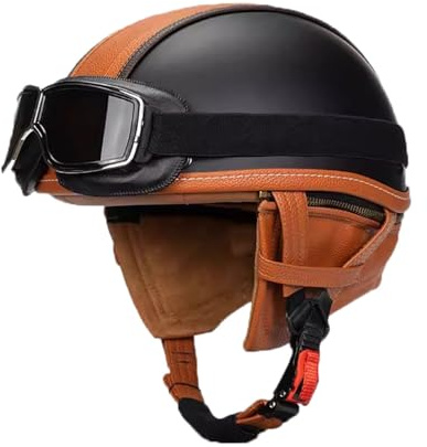 VVPEC Vintage Motorradhelm Open Face Leder-Helm Motorrad Roller Helm Mit Brille Jethelm Straßenhelm Für Damen Und Herren ECEDOT Zertifizierung Halbschalenhelm(15,L=59~60cm)
