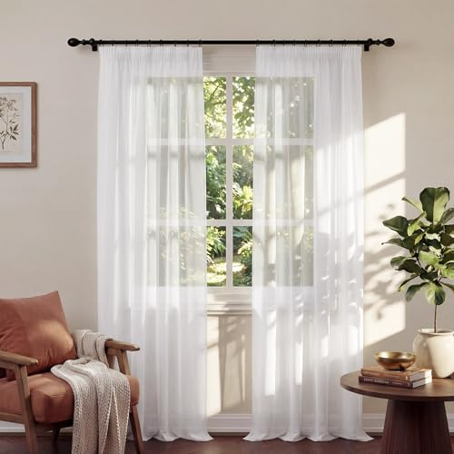 PONY DANCE White Net Curtains for Windows - White Voile Curtains 90 Drop Pair,Pencil Pleat Semi Transparent Sheer Panels for Bedroom, Triple Drawstring for Easy Hanging, Set of 2