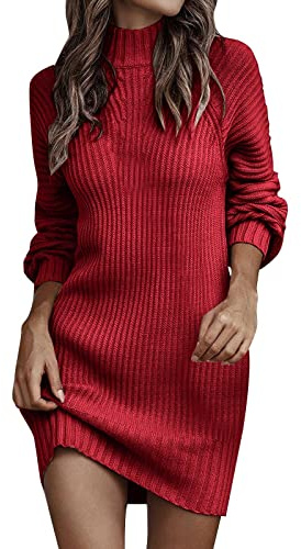 Generisch 2025 Invierno Manga Larga Cuello Alto Color Sólido Vestido Casual Jersey Vestido Mujer Vestido Dirndl Negro, Vino, L