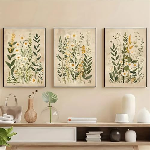 Uixxducc 3-teiliges Bilder Set Moderne Grüne Pflanze Blumenmuster Poster Aesthetic Wandbilder Wohnzimmer Schlafzimmer Deko, Ohne Rahmen (30x40cm)