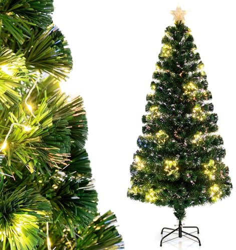 RELAX4LIFE Árbol de Navidad con 130 Ramas, 197 Luces LED Blancas Cálidas, 18 Decoraciones Estrelladas y Fibras Ópticas, Arbol de Navidad con Luces Incorporadas, Arvore de Natal (180 cm)
