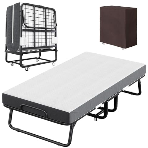CAIYUN Folding Bed with Mattress and Storage Cover - 75x38 Twin Size Frame, Portable Rollaway Guest Bed with 5-inch Memory Foam Mattress, Space-Saving Foldable Design for Easy Storage
