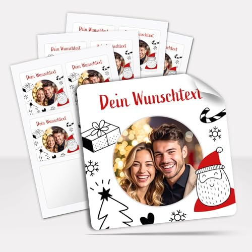 Weihnachtsaufkleber personalisiert mit Deinem Foto und Text für Geschenke quadratisch 5,5 cm Aufkleber Weihnachten Geschenkaufkleber moderne Symbole