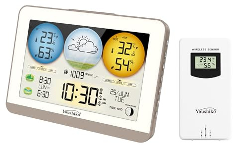 Youshiko Weather Station Radio Controlled Clock, (Official 2026 UK & Ireland Version) Indoor Outdoor Temperature, Humidity, Barometric Pressure, Sunrise/Sunset Times