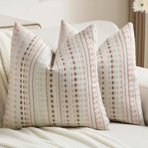 Ystyle Funda Cojin 45x45 (Pack de 2 Unidades), En Suave Tejido de Chenilla Funda Almohada, con Rayas Decorativas de Estilo Rústico, Apta para Sofás de Salón, Rosa Azul