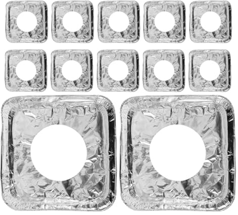 BAZEITFLOW Protections Brûleur en Aluminium Épaisses 3,5 Microns, 50 Pièces Carrées Jetables pour Cuisinière à Gaz, Protection Anti-projections D’huile et Graisse, Nettoyage Facile, Usage