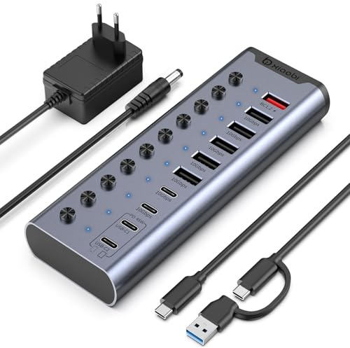 Powered USB Hub, Individual Switches and 24V/3A Power Adapter | 10-Port USB C Hub with 5*USB-A 3.2, 2*USB-C 3.2 and BC1.2&2*PD 45W Charging Ports, USB Extension for MacBook, PC and More.