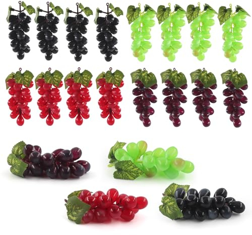 ginojex 20 Bunches Artificial Grapes Fake Fruit Hanging Grape Vine Decoration Faux Plant Leaves for Wedding Garden Home Party Wine Rack Decor (4 Colors)