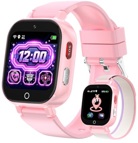 Montre Connectée Enfant 4G Appel Vidéo, GPS, SOS, Chat Vocal, IP68 Étanche | Mode École, Podomètre, Réveil, Chronomètre, Montre Telephone pour Garçons et Filles de 4 à 12 Ans Cadeau, Rose