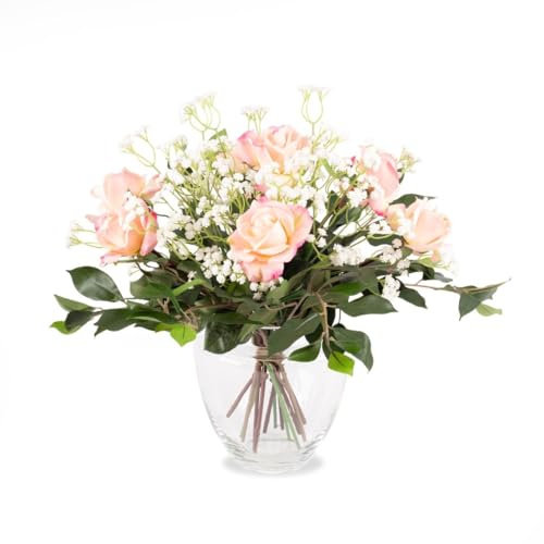 artplants.de Textil Rosenstrauß Amelie, Schleierkraut, rosa, 60cm, Ø45cm - OHNE VASE - Künstlicher Blumenstrauß