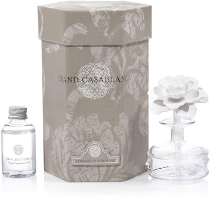 Zodax Grand Casablanca Reed Diffuser - Home Fragrance Oil Diffuser Ideal for Living Room, Bathroom, Office - Porcelain Flower Design - Gift Box Packaging Included - Versailles Tuberose - 1.69 Oz.