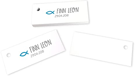 28 Kärtchen Fisch personalisiert mit Vornamen & Datum 7,5 x 3 cm türkis grau - Junge Taufe Kommunion Gastgeschenke Bastelbedarf