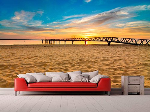 Fotomural Vinilo Pared Pasarela Madera Elevada Playa | Fotomural para Paredes | Mural | Vinilo Decorativo | Varias Medidas 350 x 250 cm | Decoración comedores, Salones, Habitaciones.