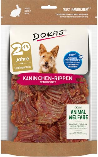 DOKAS Kaninchen-Rippen – Getreidefreier Premium Natursnack für Hunde aus getrockneten Kaninchen-Rippen – 1 x 100 g
