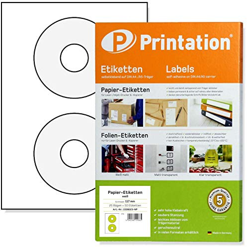 50 Etiketten Papier (Ø117mm) Rund selbstklebend Printation bedruckbar | 25 Blatt A4 je 1x2=2 Klebeetiketten, Aufkleber, CD Etiketten, DVD - zum bedrucken mit Laser- & Inkjet-Drucker