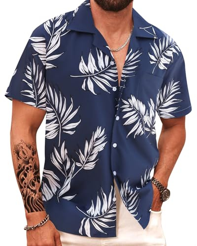 APTRO Men's Hawaiian Shirt Short Sleeve Tropical Vacation Button Down Beach Floral Palm Shirts #024 Navy L